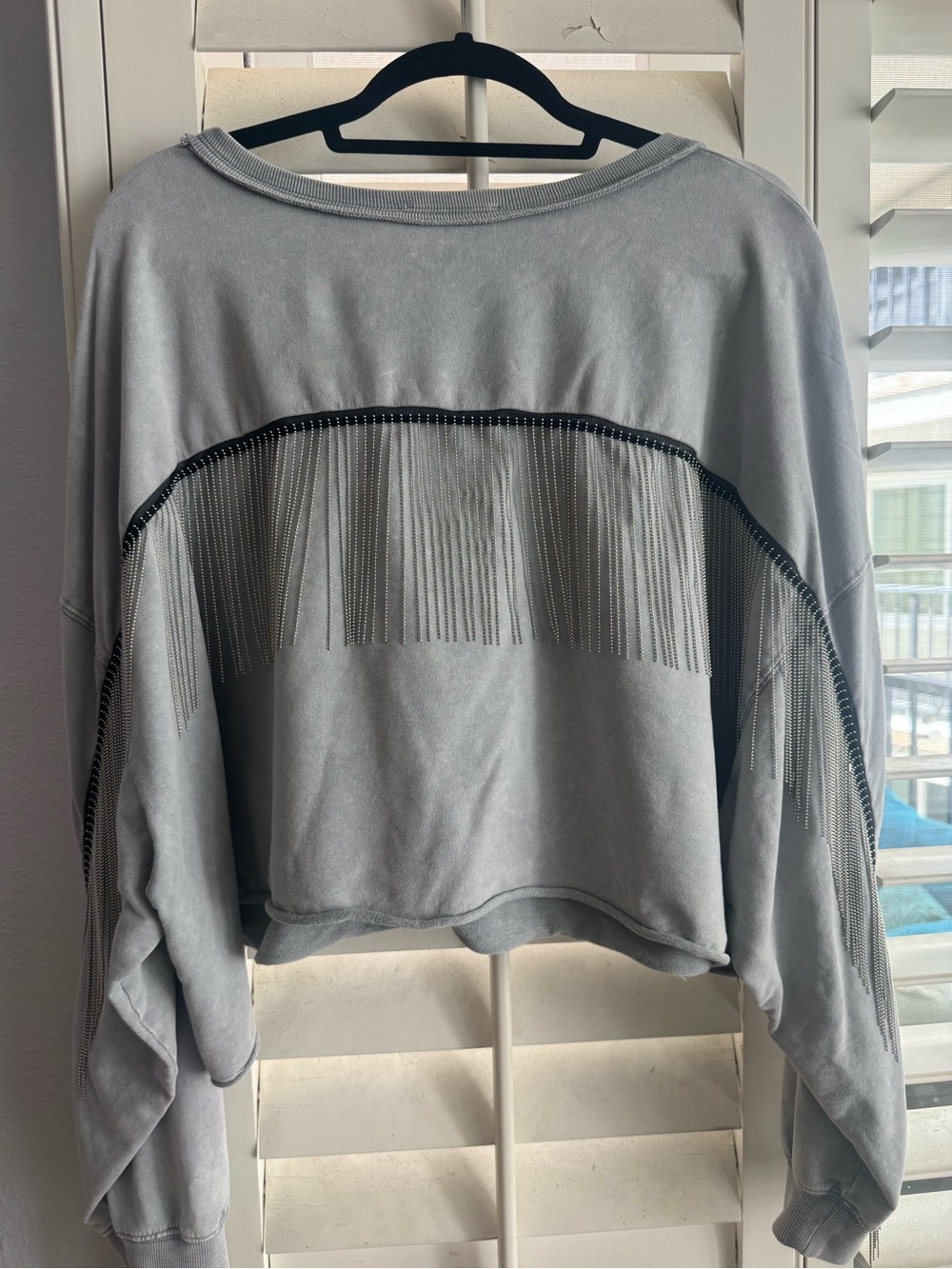 Peach Love California Gray Fringe-Trim Cropped Sweatshirt